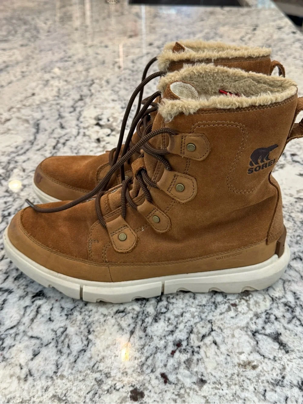 Sorel Explorer Joan Waterproof Suede Boots Brown Faux Fur Women’s 9